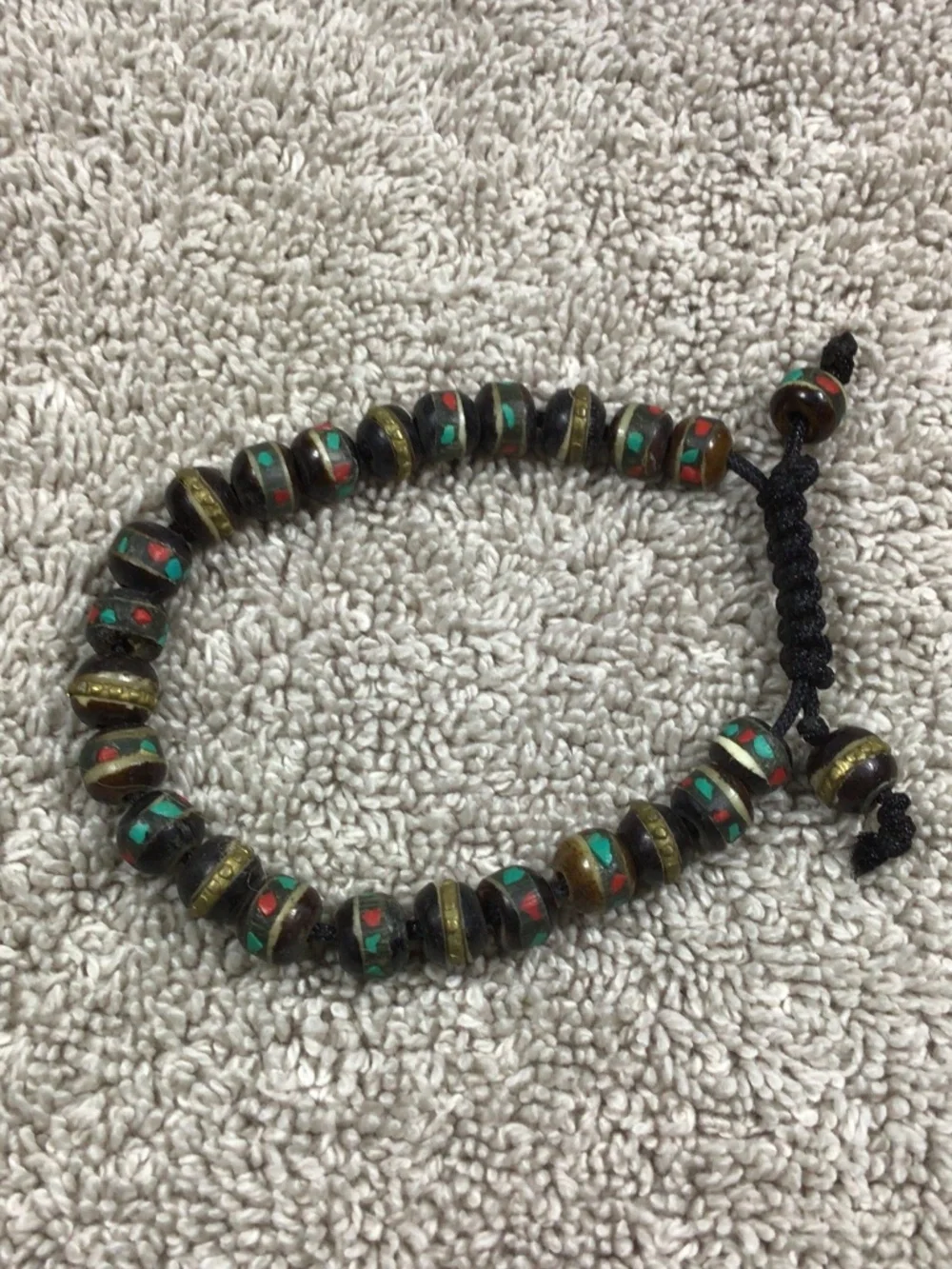 Black Yak Bone Bracelet with Turquoise, Coral & Copper